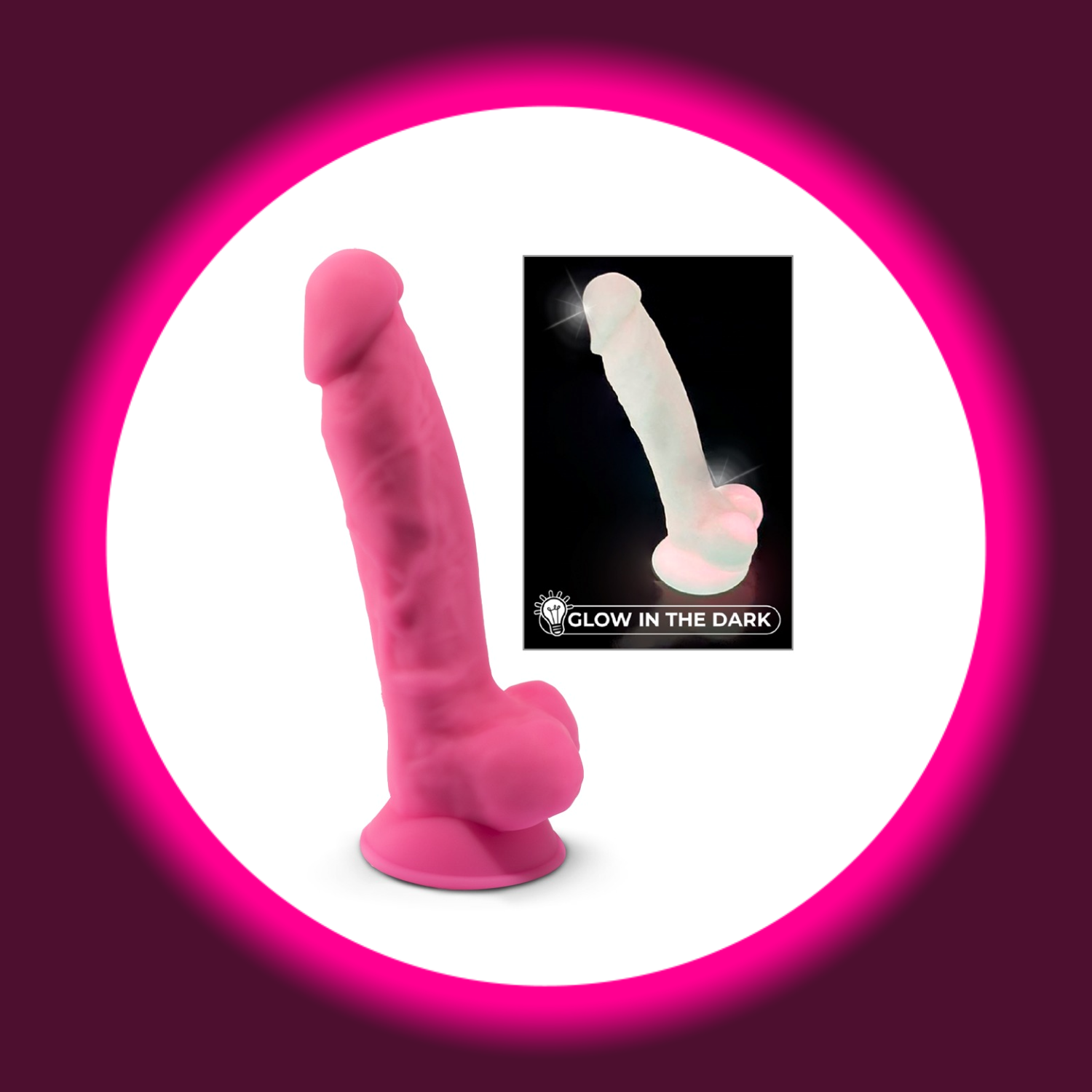 pinker Dildo mit Hoden und Saugfuß, daneben der gleiche Dildo leuchtend im Dunkeln, von Silexd