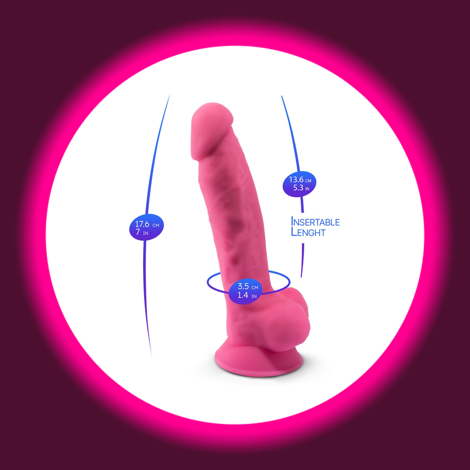 Abmaße des pinken Dildos mit Hoden und Saugfuß, von Silexd