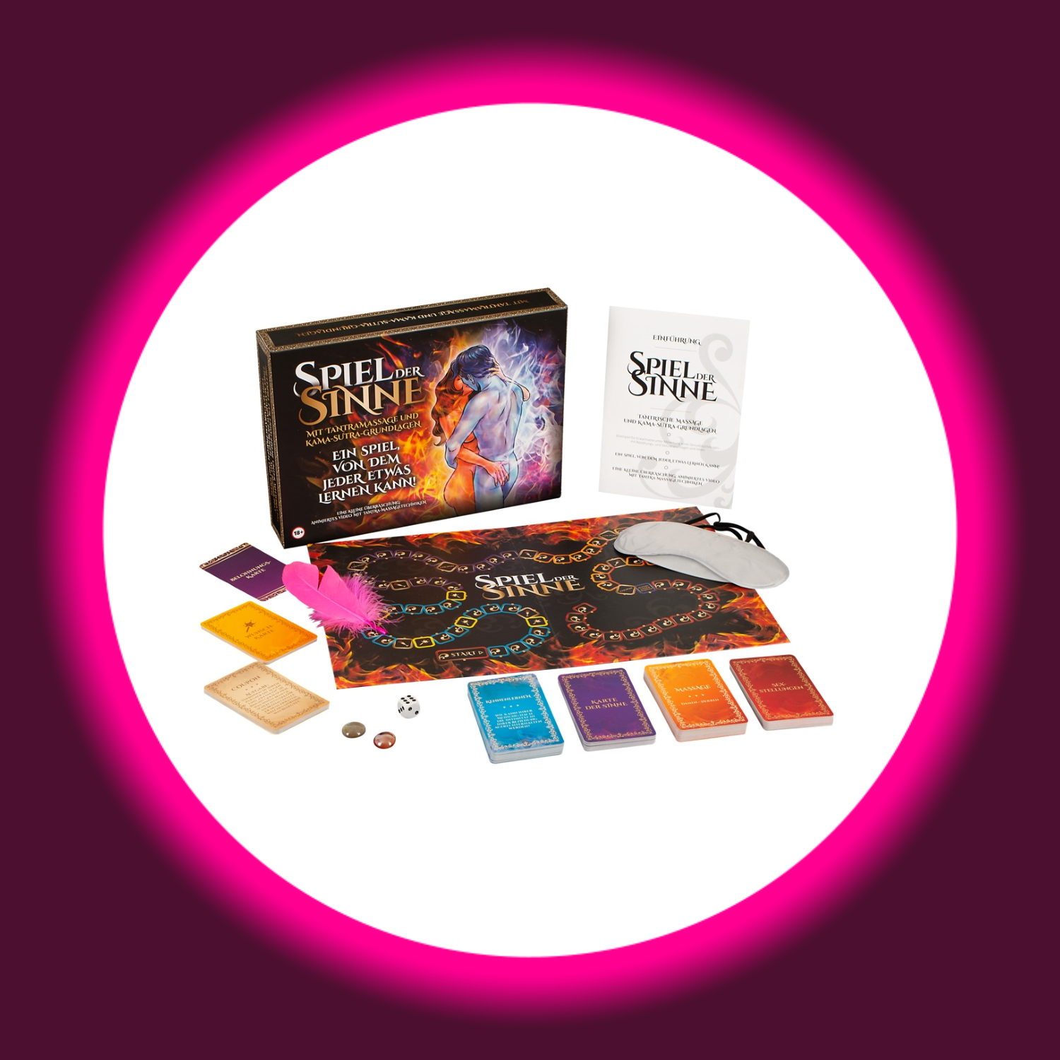 ausgebreitetes erotisches Brettspiel Spiel der Sinne, mit Karten, Feder und Maske 