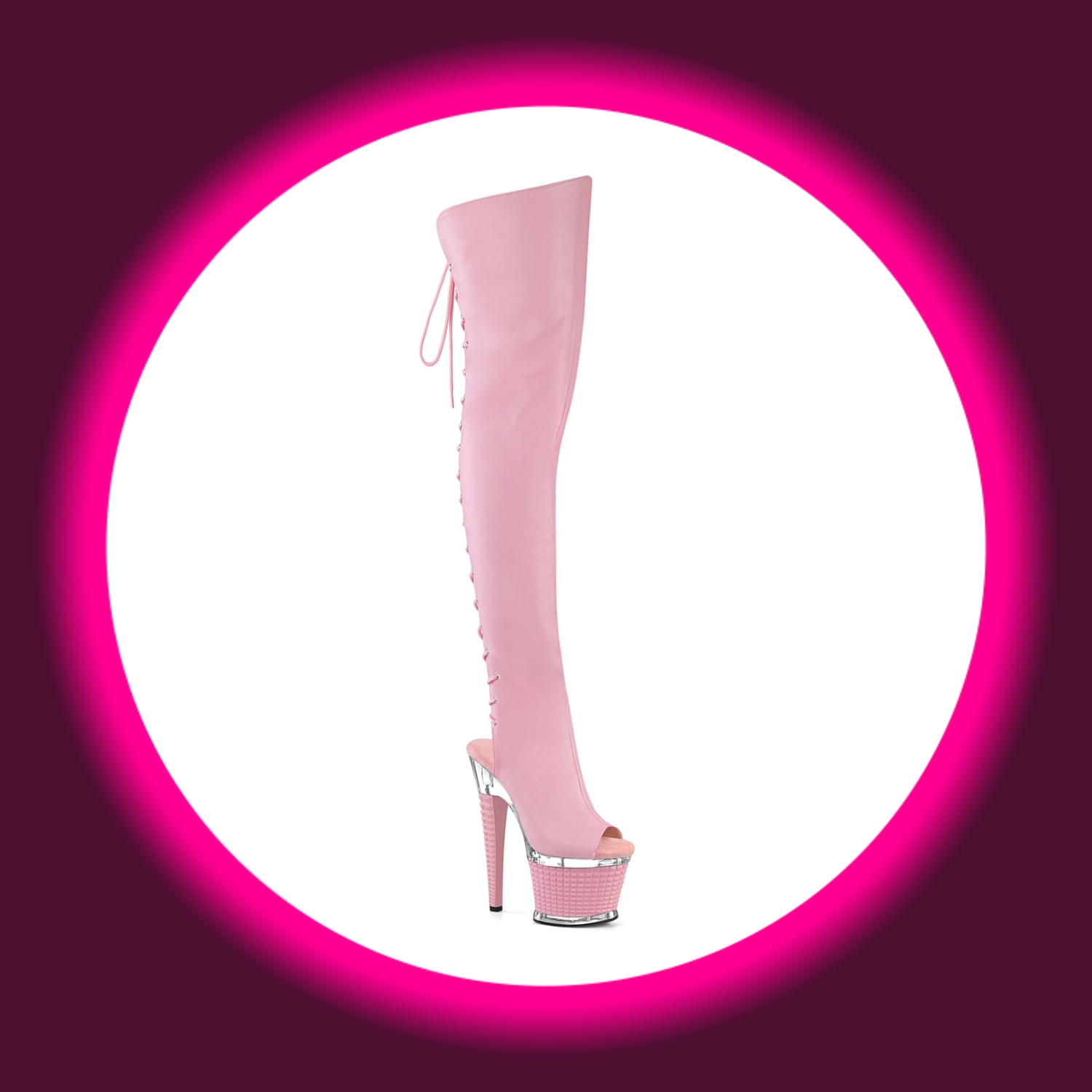 Winkelansicht rosa Plateau-Overknees mit hohem Absatz und Schnürung, Pleaser Spectator 3030