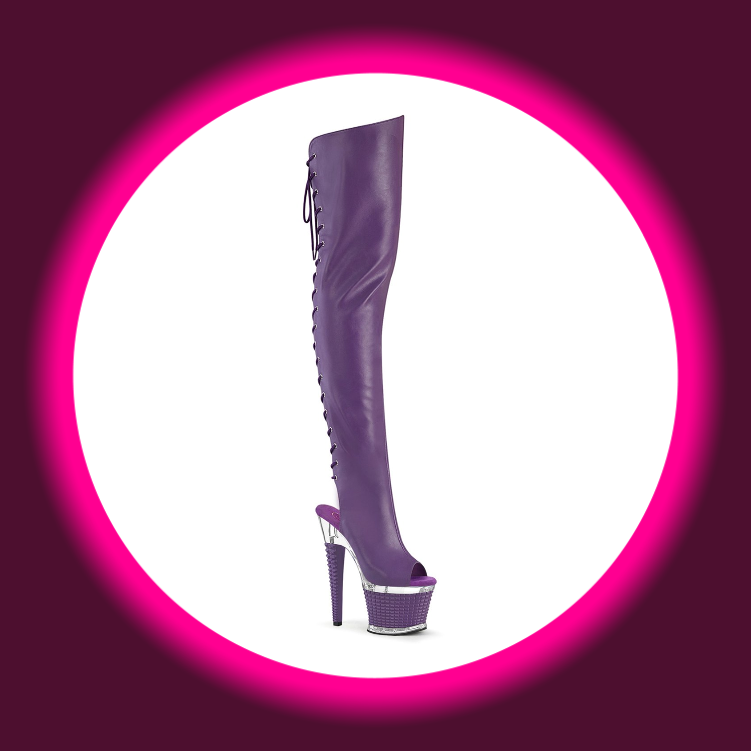 Winkelansicht violette Plateau-Overknees mit hohem Absatz und Schnürung, Pleaser Spectator 3030