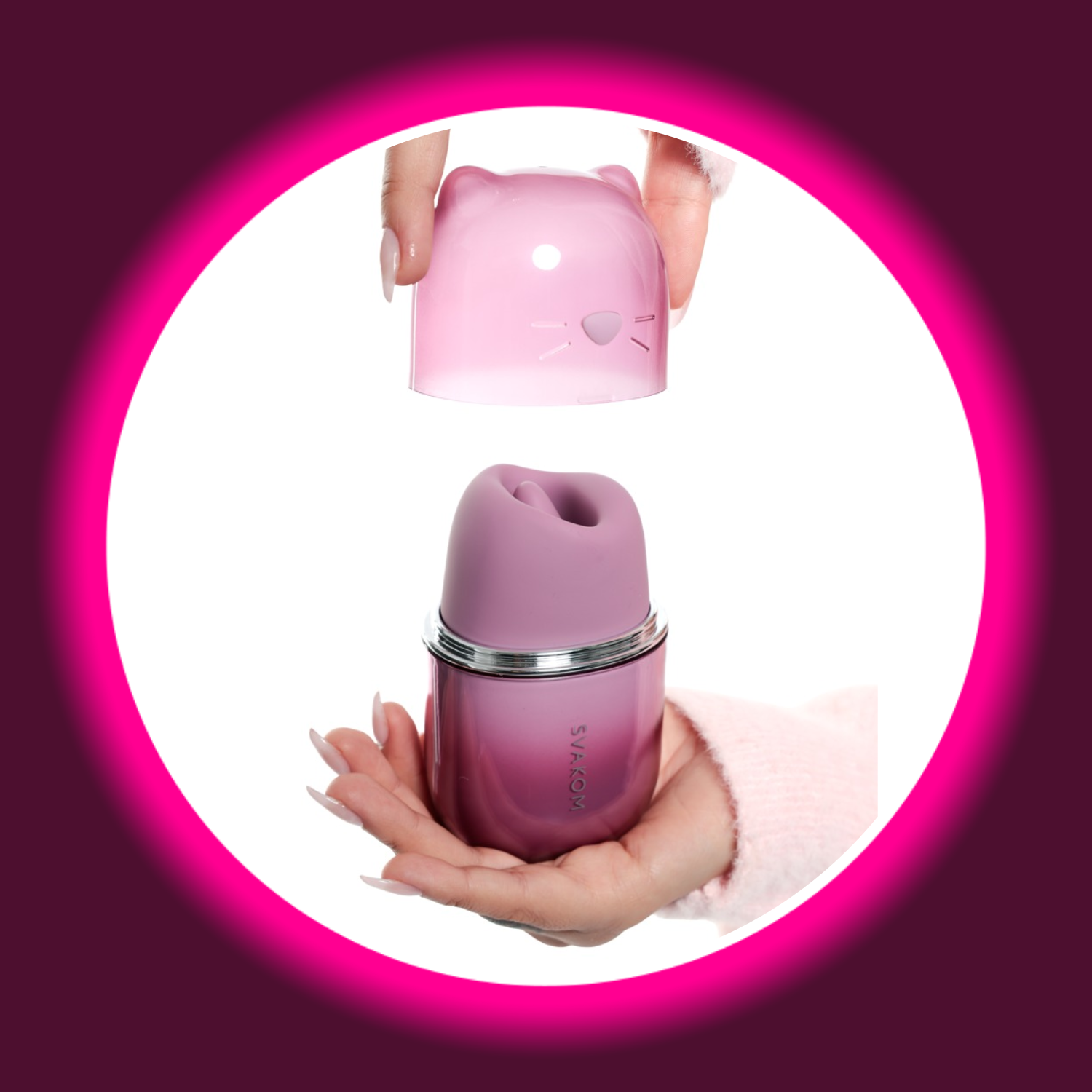 violetter Auflegevibrator Klitty mit Leckzunge in katzenförmigem Gehäuse, von Svakom