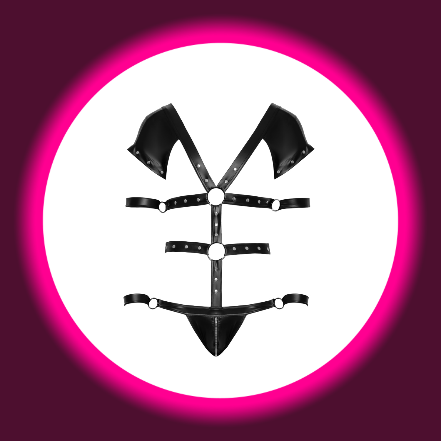 Frontansicht schwarzer Fetisch-Body mit Riemen, Nieten und Handfesseln, Svenjoyment Bondage 