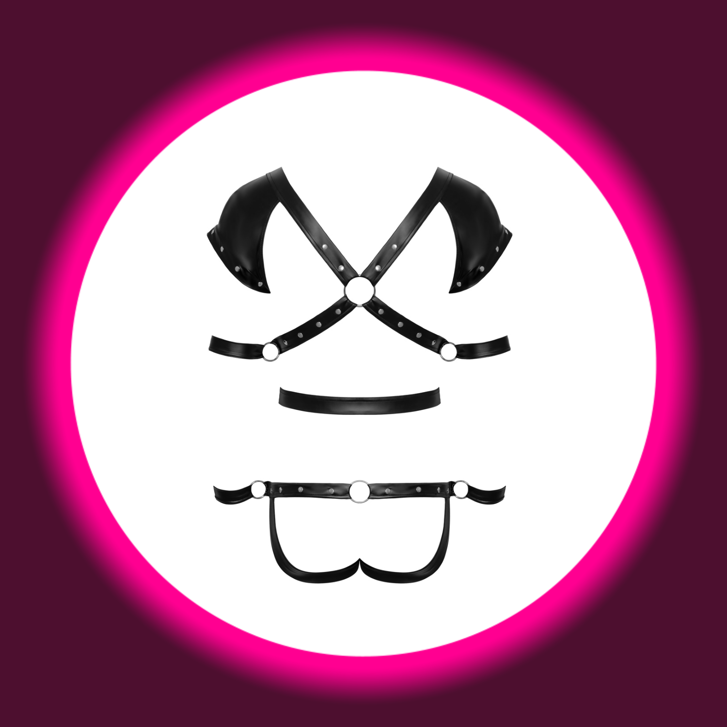 Rückansicht schwarzer Fetisch-Body mit Riemen, Nieten und Handfesseln, Svenjoyment Bondage 