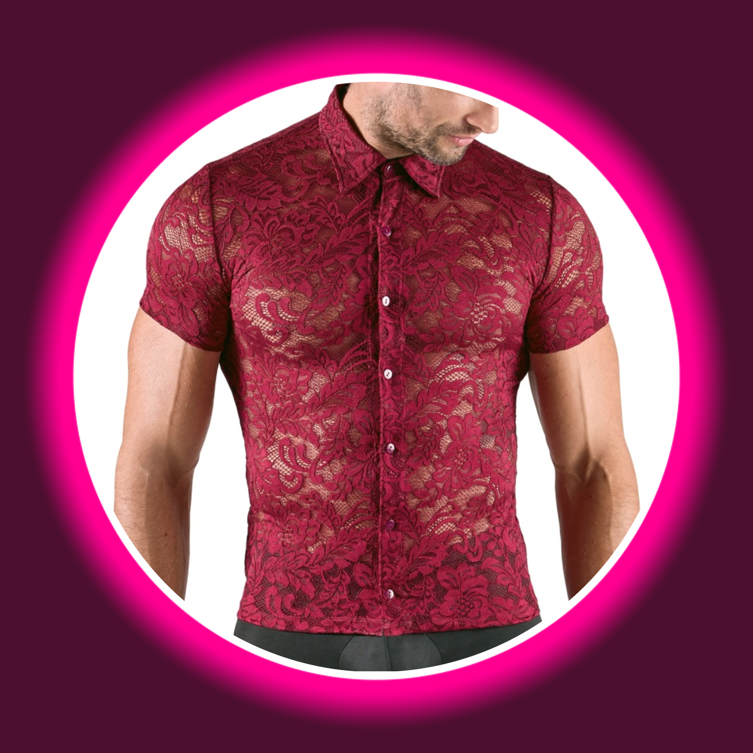 Mann in rotem kurzärmeligem Hemd aus Spitze mit Blumenmuster, Svenjoyment