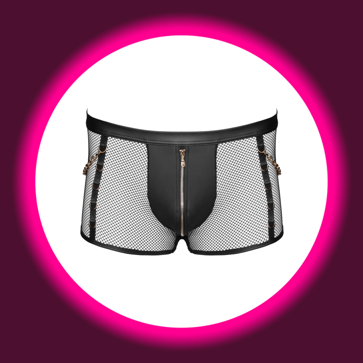 Svenjoyment Pants FRANCESCO schwarz freistehend – Frontansicht, Netzmaterial mit Wetlook-Beutel, Front-Reißverschluss und goldfarbenen Ringen