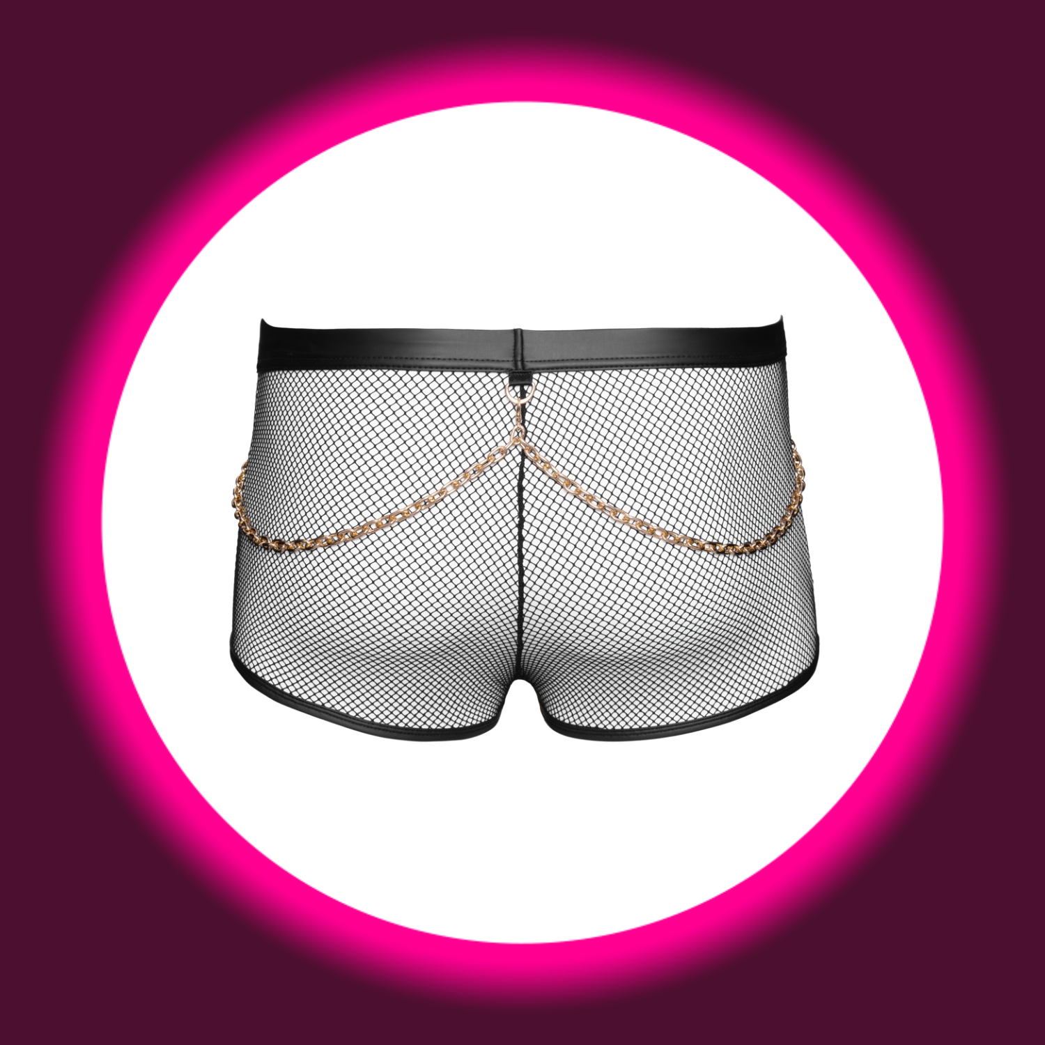 Svenjoyment Pants FRANCESCO schwarz freistehend – Rückansicht, transparentes Netzmaterial mit abnehmbaren goldfarbenen Karabinerketten am Bund