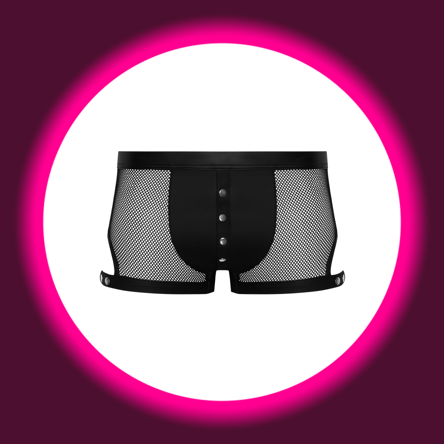 Frontansicht schwarze Pants von Svenjoment mit Druckknöpfen, Materialmix aus Netz und Mattlook