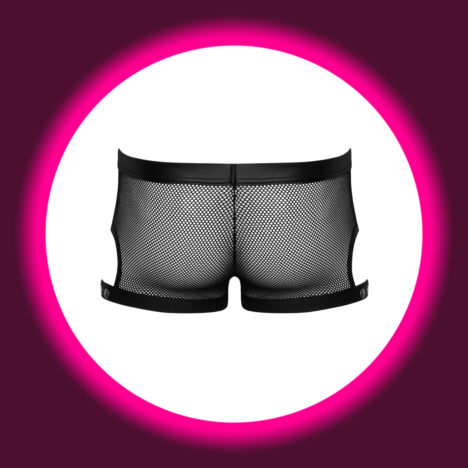 Rückansicht schwarze Pants von Svenjoment mit Druckknöpfen, Materialmix aus Netz und Mattlook