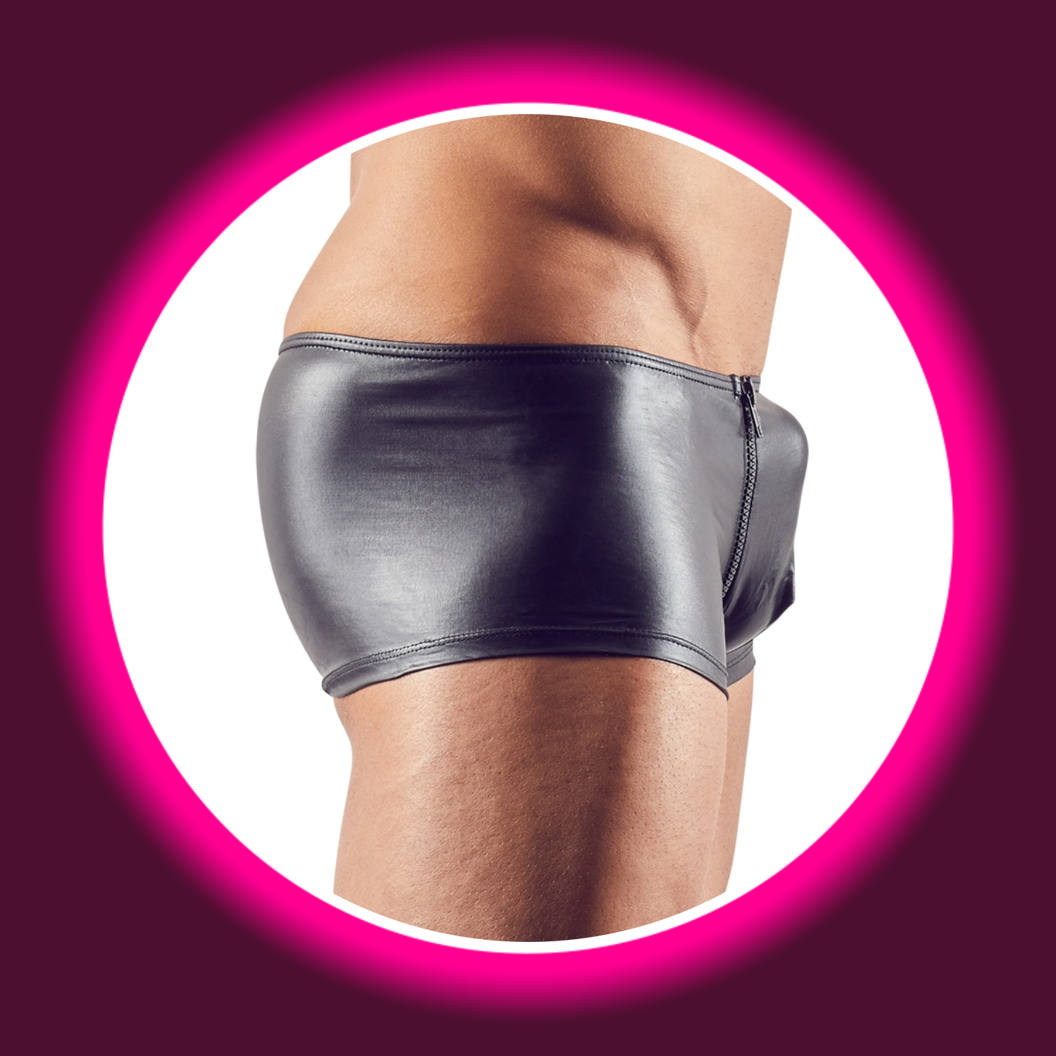 seitliche Ansicht schwarze glänzende Pants von Svenjoyment, mit raffiniertem Reißverschluss