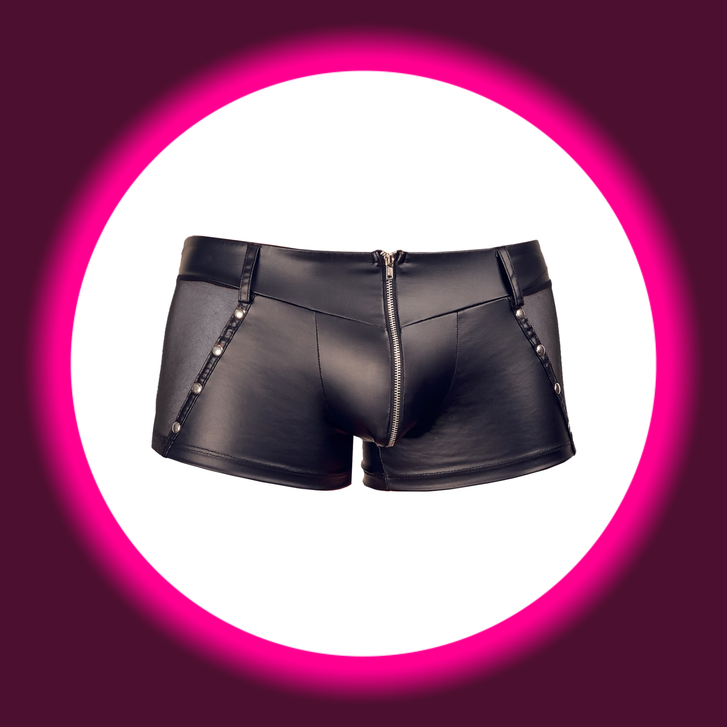 Frontansicht schwarze Pants im Mattlook mit Netzeinsätzen, Nieten und silbernem Reißverschluss