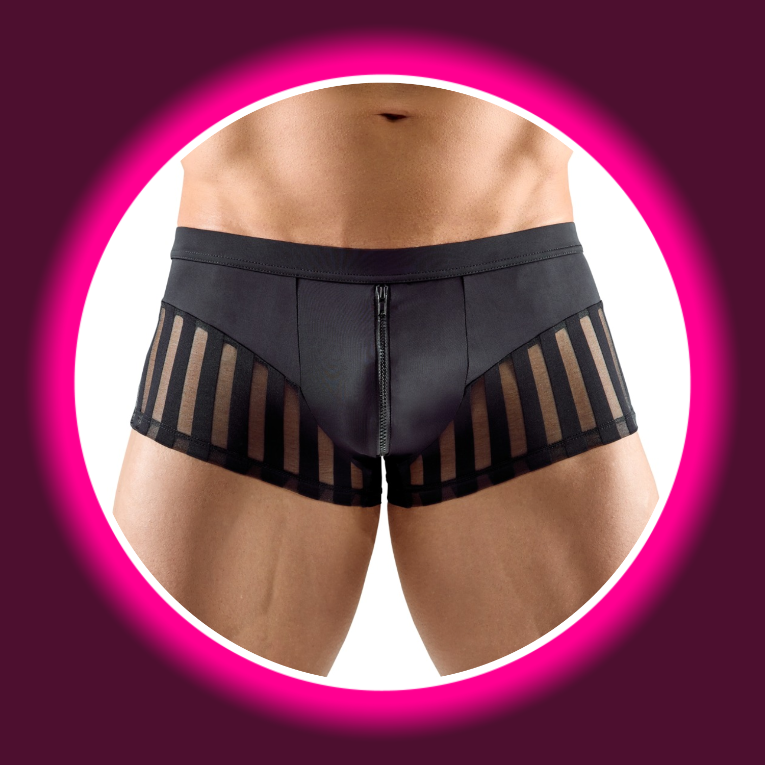 Frontansicht schwarze Pants von Svenjoyment, mit Reißverschluss und Streifeneinsätzen