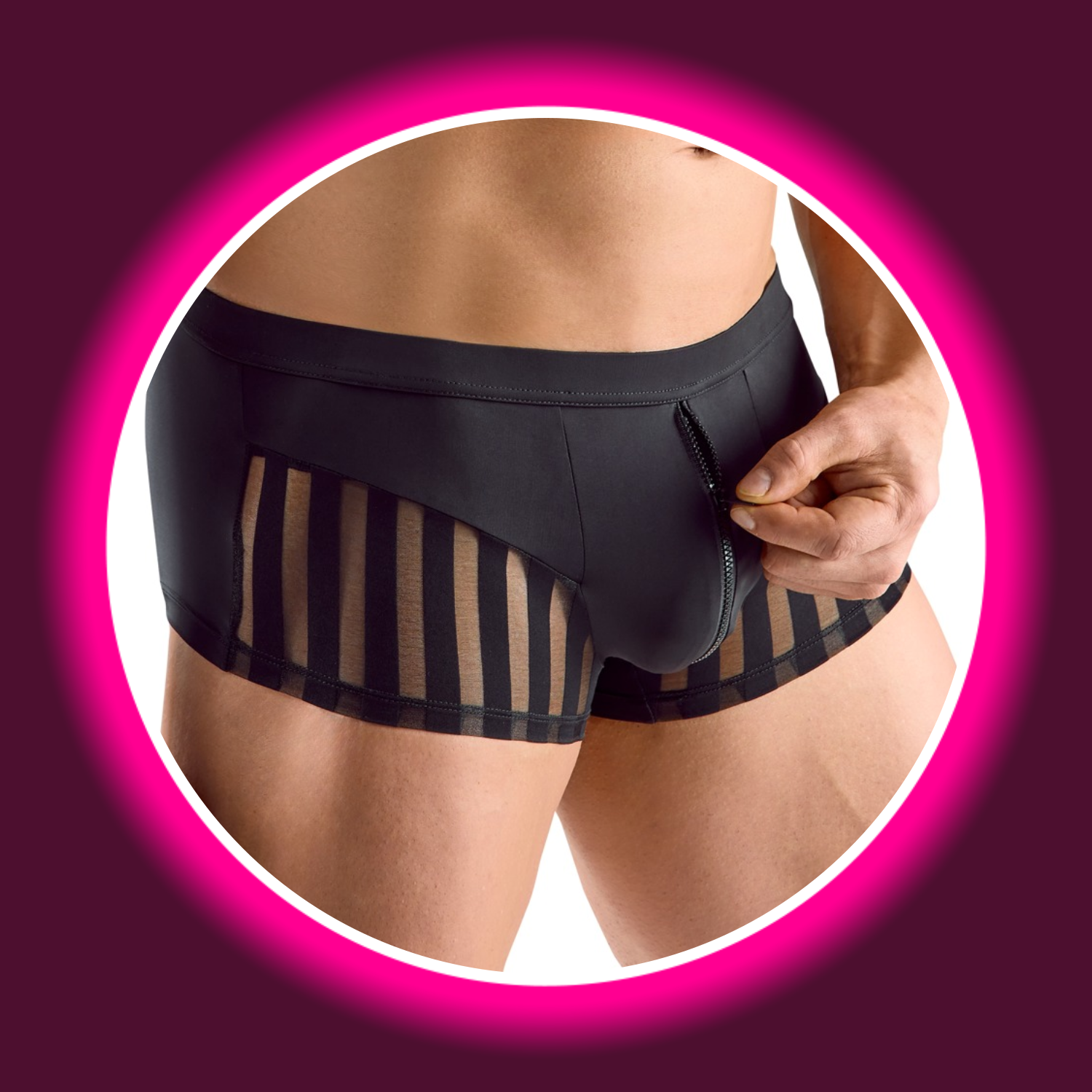 seitliche Ansicht schwarze Pants von Svenjoyment, mit Reißverschluss und Streifeneinsätzen