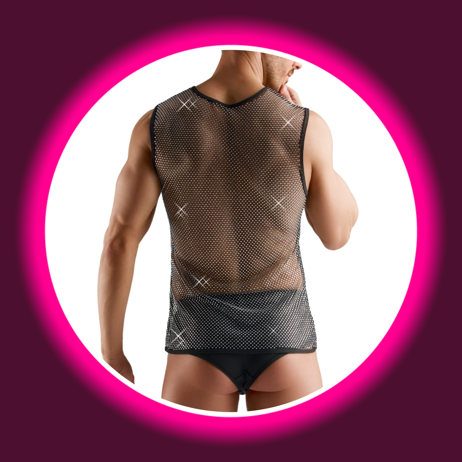 Rückansicht schwarzes ärmelloses Netz-Shirt mit Glitzer, von Svenjoyment