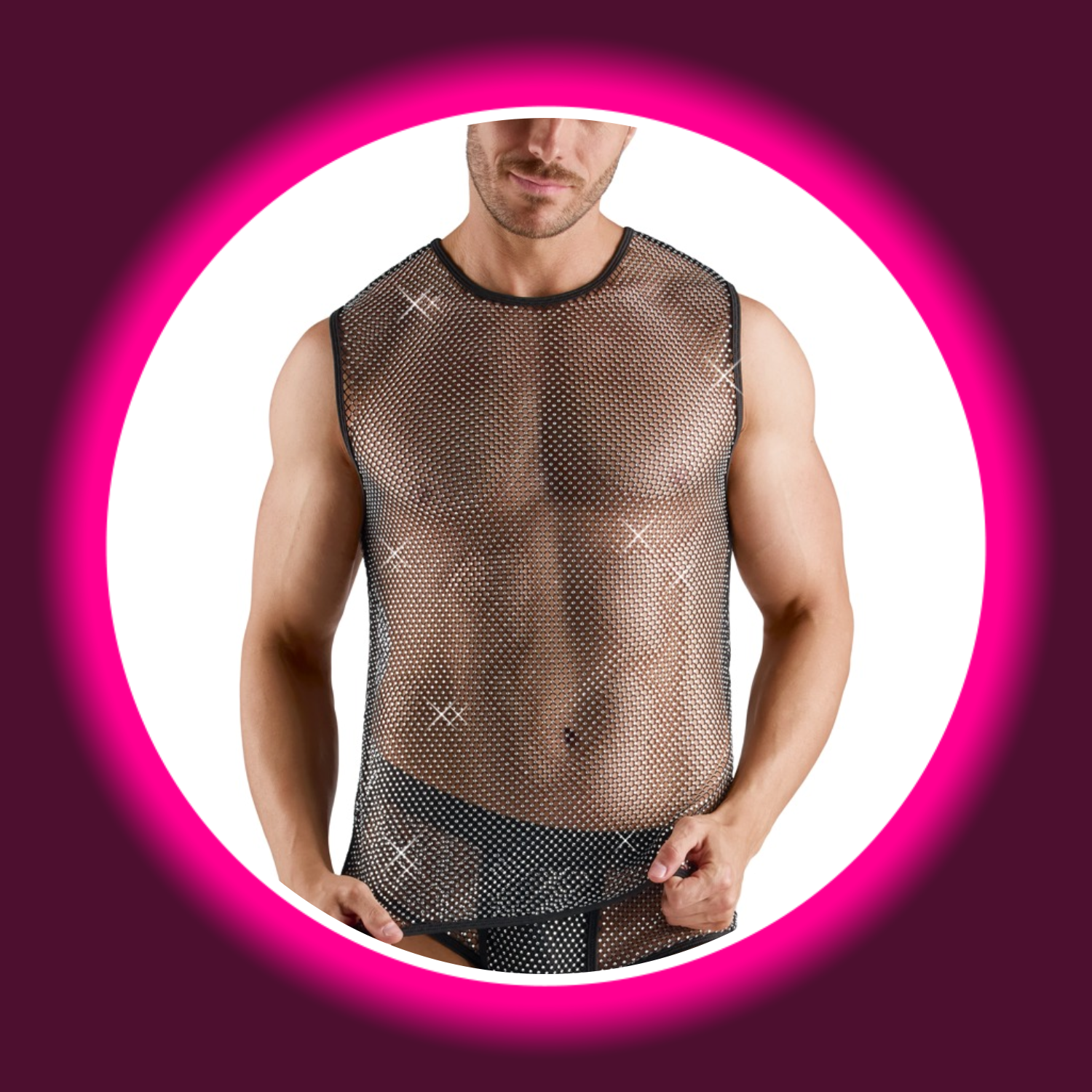 Frontansicht schwarzes ärmelloses Netz-Shirt mit Glitzer, von Svenjoyment