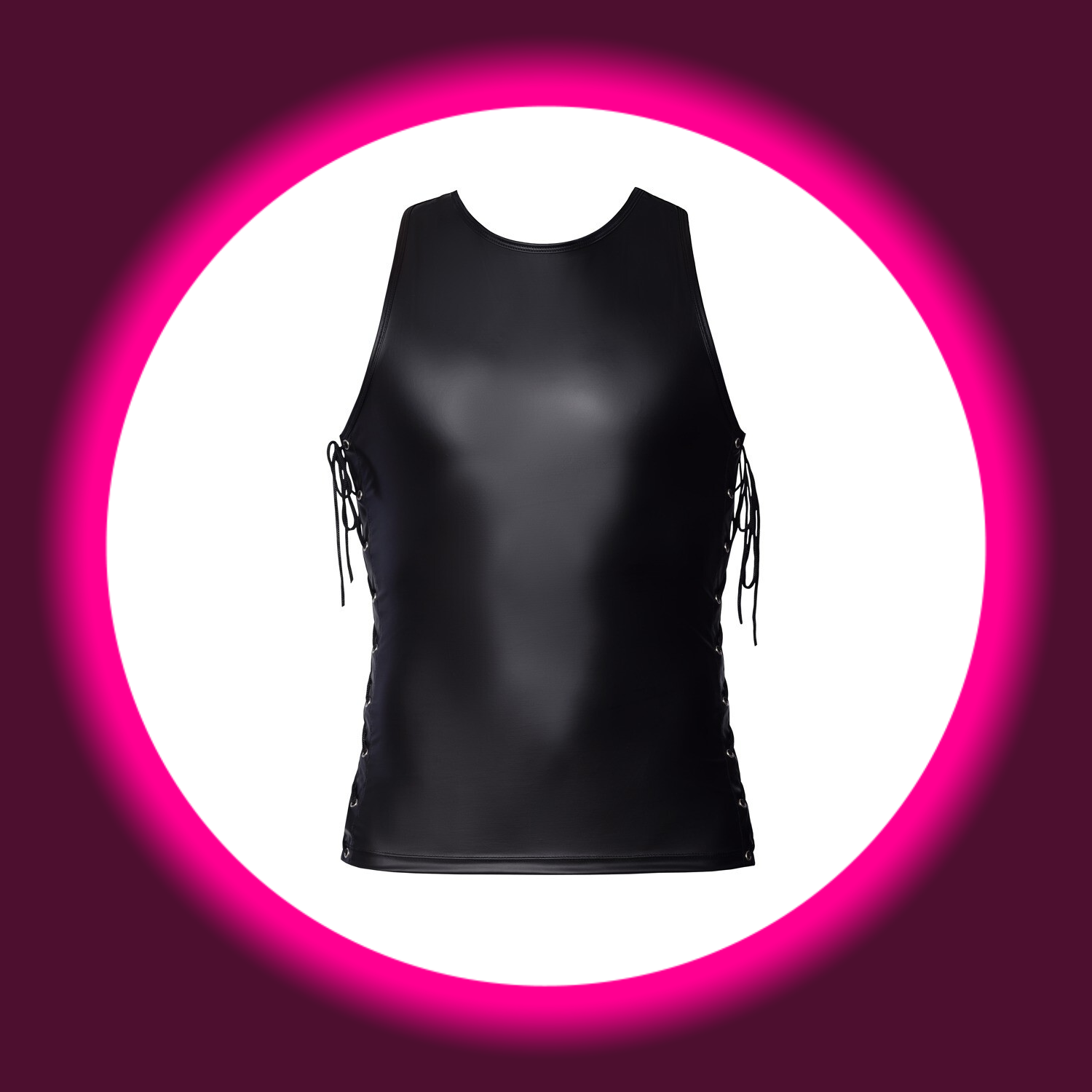 Frontansicht schwarzes Wetlook-Shirt von Svenjoyment mit Schnürung an der Seite