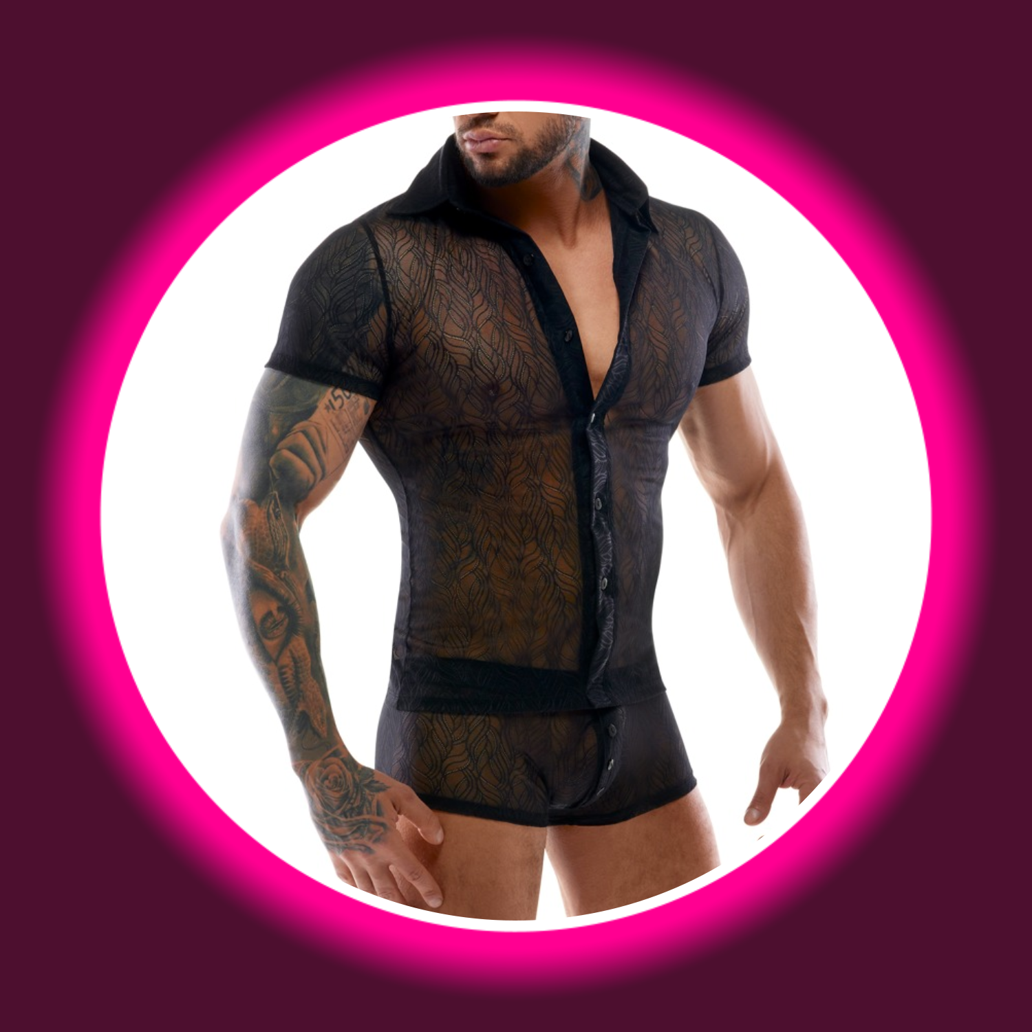 Frontansicht schwarzes, transparentes Shirt mit Knopfleiste und Kragen, für Männer, von Svenjoyment