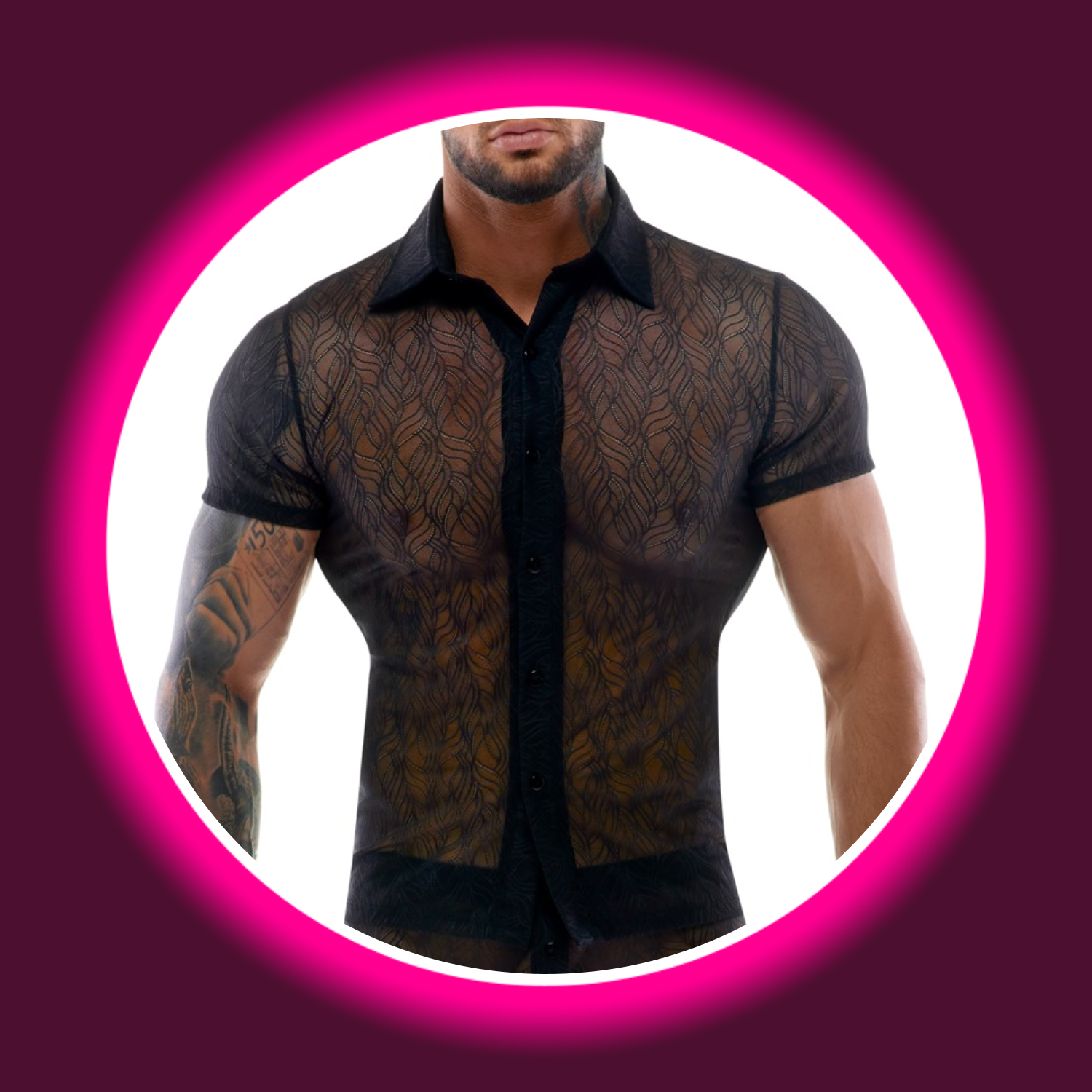 Frontansicht schwarzes, transparentes Shirt mit Knopfleiste und Kragen, für Männer, von Svenjoyment