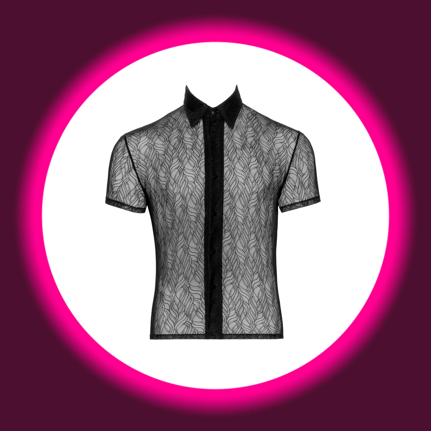 Frontansicht schwarzes, transparentes Shirt mit Knopfleiste und Kragen, für Männer, von Svenjoyment