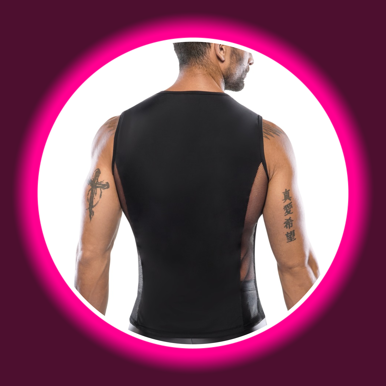 Rückansicht schwarzes Shirt mit Netzeinsatz und Schnürung, für Männer, Svenjoyment