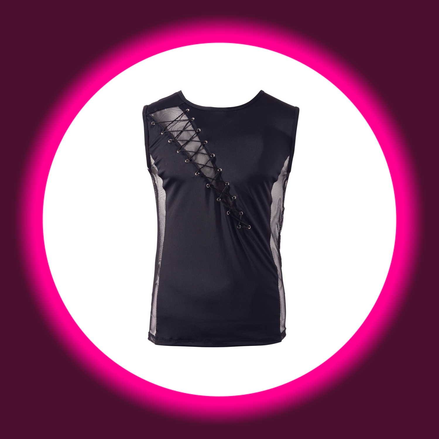 Frontansicht schwarzes Shirt mit Netzeinsatz und Schnürung, für Männer, Svenjoyment