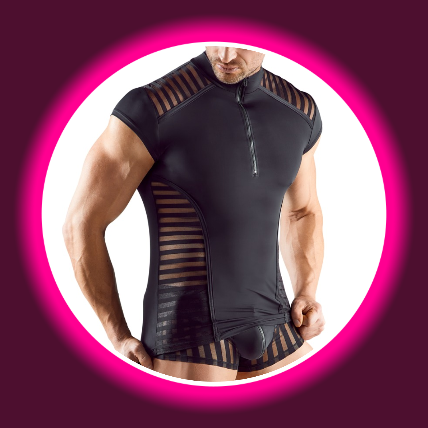 Frontansicht schwarzes enges Shirt von Svenjoyment mit Streifeneinsätzen und Reißverschluss