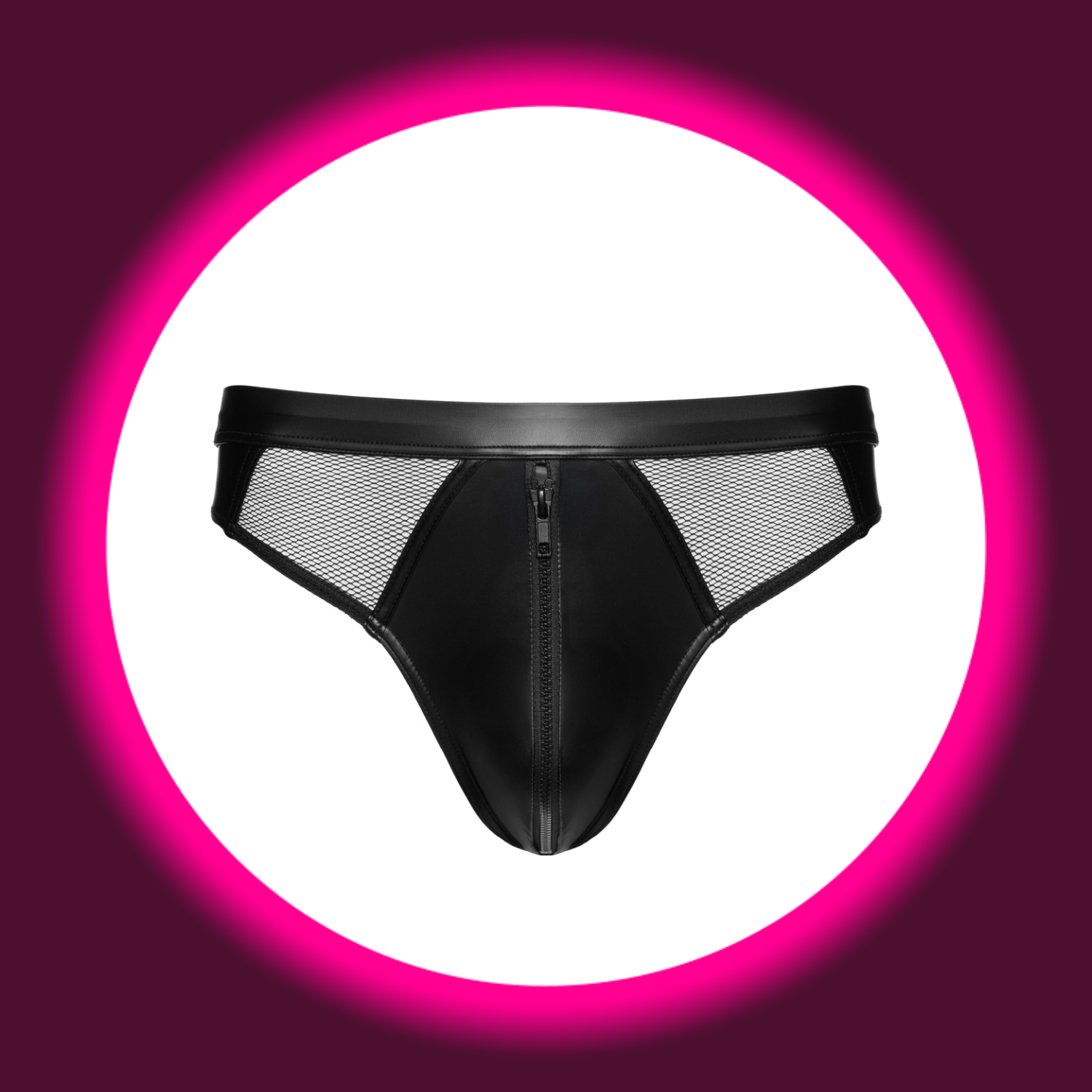 Svenjoyment Slip VADIM schwarz freistehend – Frontansicht, Wetlook mit Netzeinsätzen und Front-Reißverschluss, Einheitsgröße verstellbar