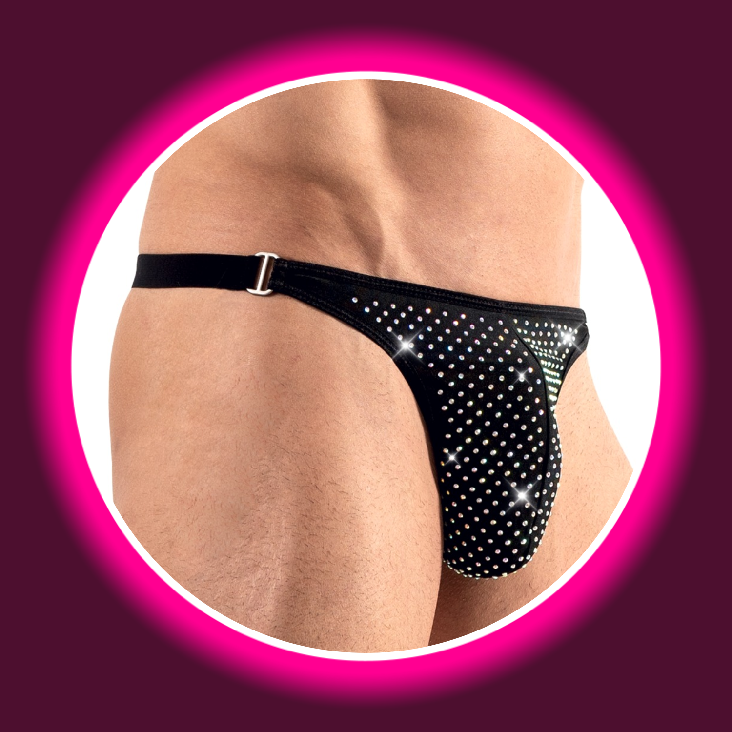 seitliche Ansicht schwarzer String mit Straßsteinen, für Männer, Svenjoyment