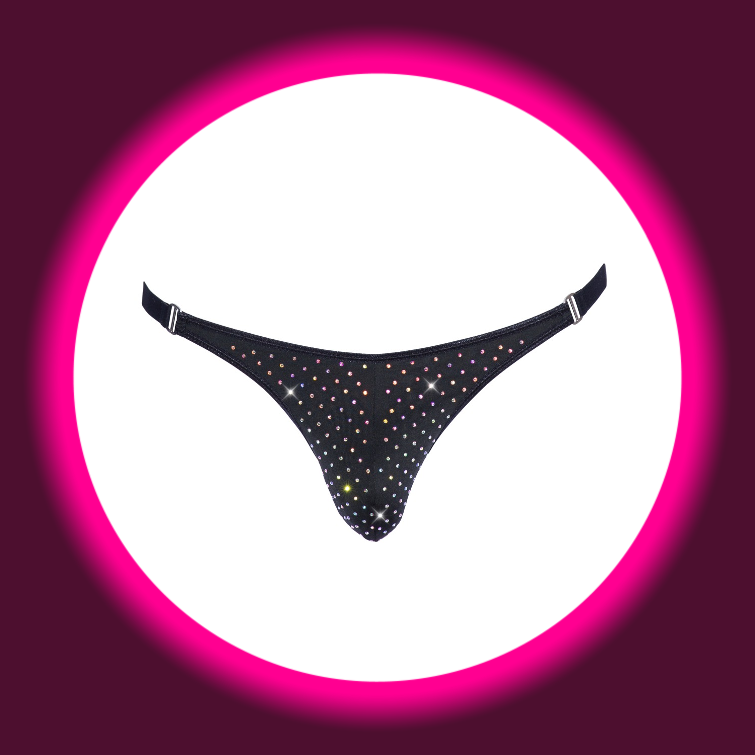 Frontansicht schwarzer String mit Straßsteinen, für Männer, Svenjoyment