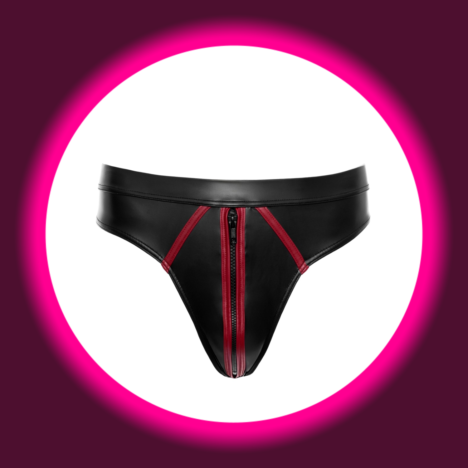 Svenjoyment String MILAN schwarz-rot freistehend – Frontansicht, Wetlook mit roten Kontraststreifen und Front-Reißverschluss