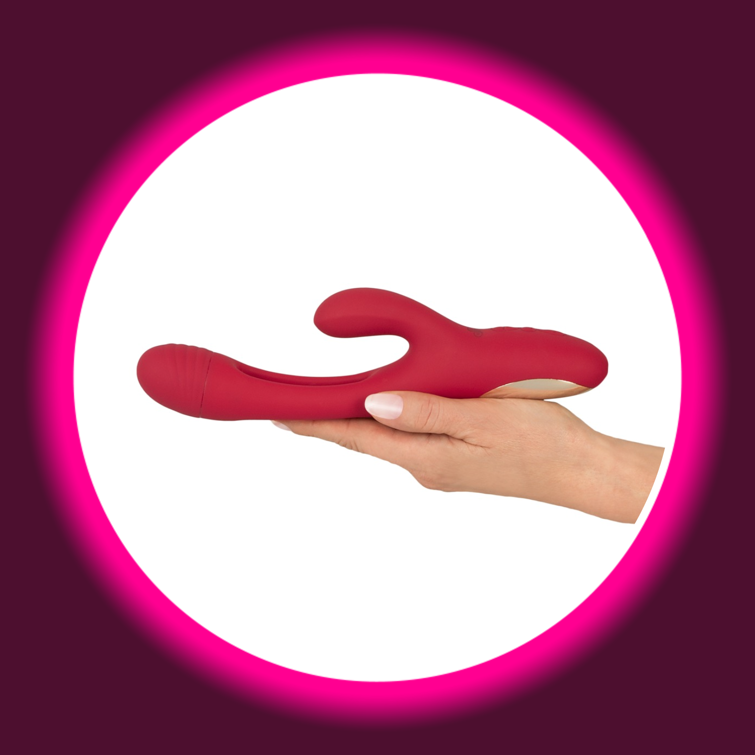handgehaltener roter Rabbitvibrator mit Zunge, von Sweet Smile