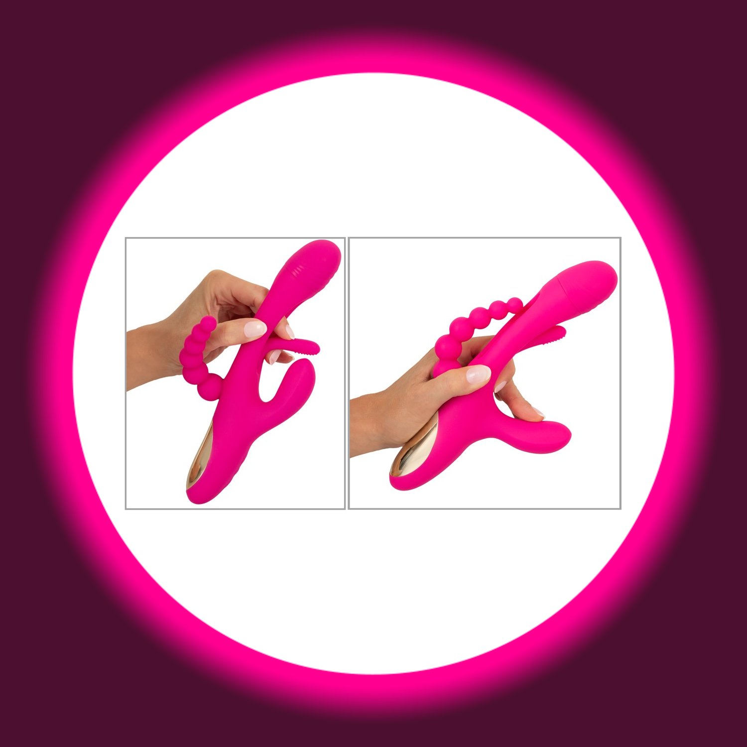 zwei handgehaltene pinke Triple Vibratoren mit Zunge und Anal-Kugelstimulator, von Sweet Smile