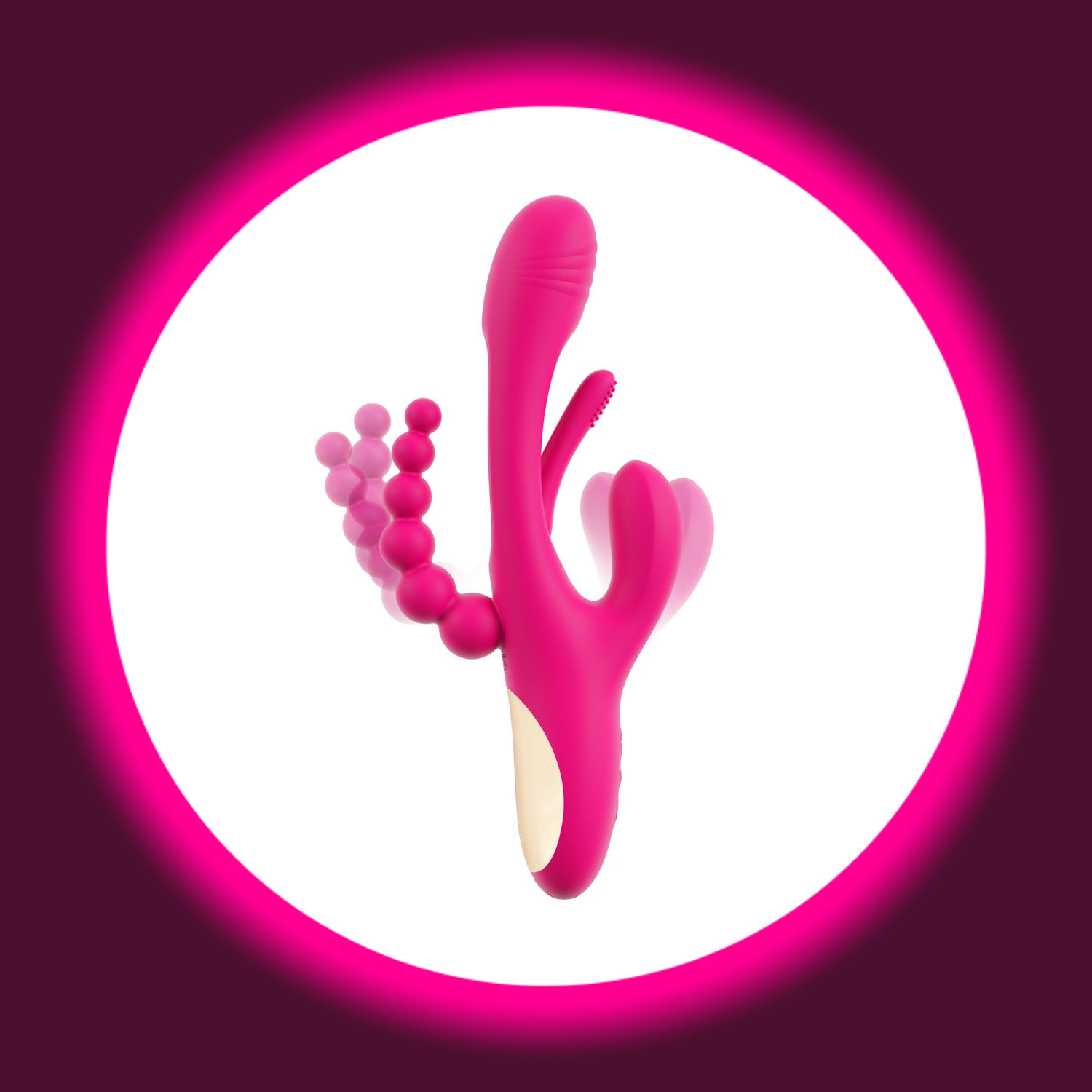 seitliche Ansicht pinker Triple Vibrator mit Zunge und Anal-Kugelstimulator, von Sweet Smile