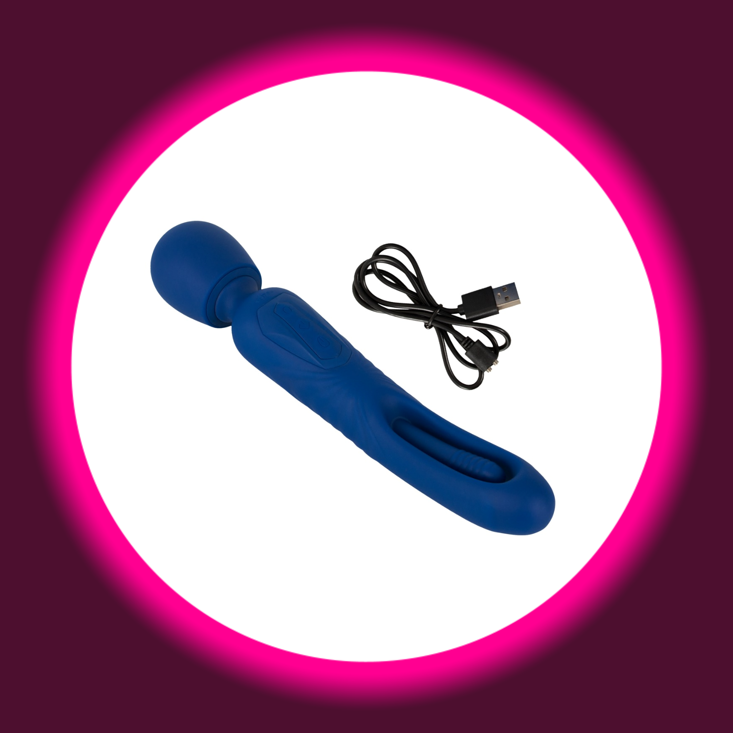 blauer Wandvibrator von Sweet Smile mit großem Massagekopf und beweglicher Zunge, daneben liegendes USB-Ladekabel