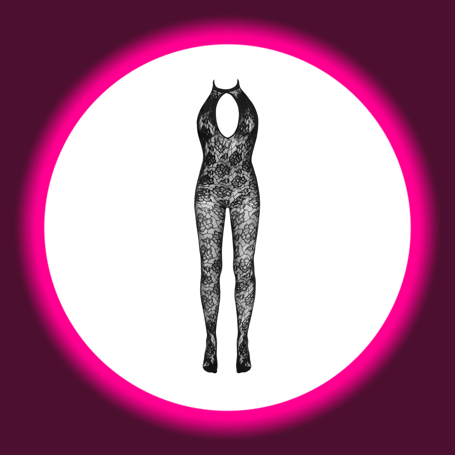 schwarzer, schulterfreier Netz-Catsuit mit Blumenmuster, von Fantasy by Cotelli