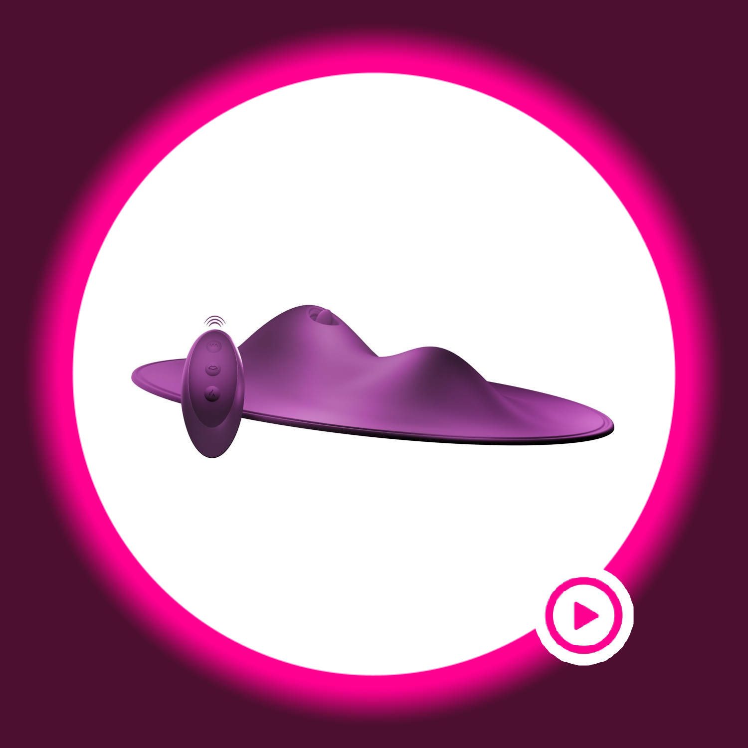 violettes Vibepad 2 Vibrokissen mit Leckzunge und Vibrohügeln, daneben dazugehörige Fernbedienung