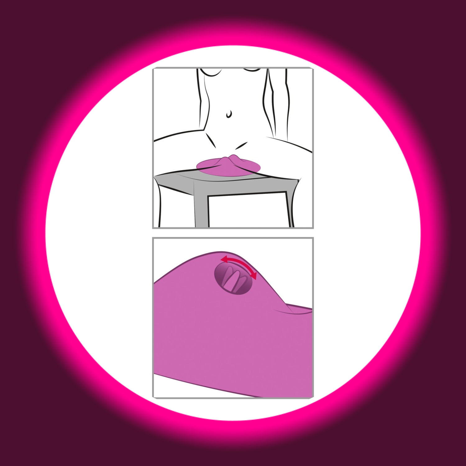 schematische Darstellung zur Anwendung des violetten Vibepad 2 Vibrokissens mit Leckzunge und Vibrohügeln