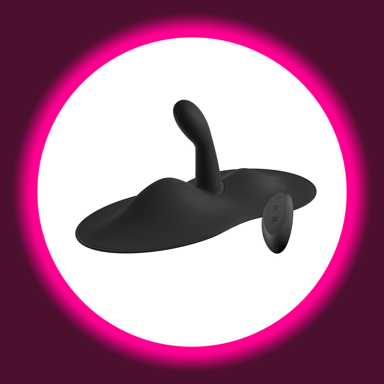 schwarzes Vibepad 3 Vibrokissen mit G-Punkt-Vibrator und Vibrohügeln, daneben zugehörige Fernbedienung