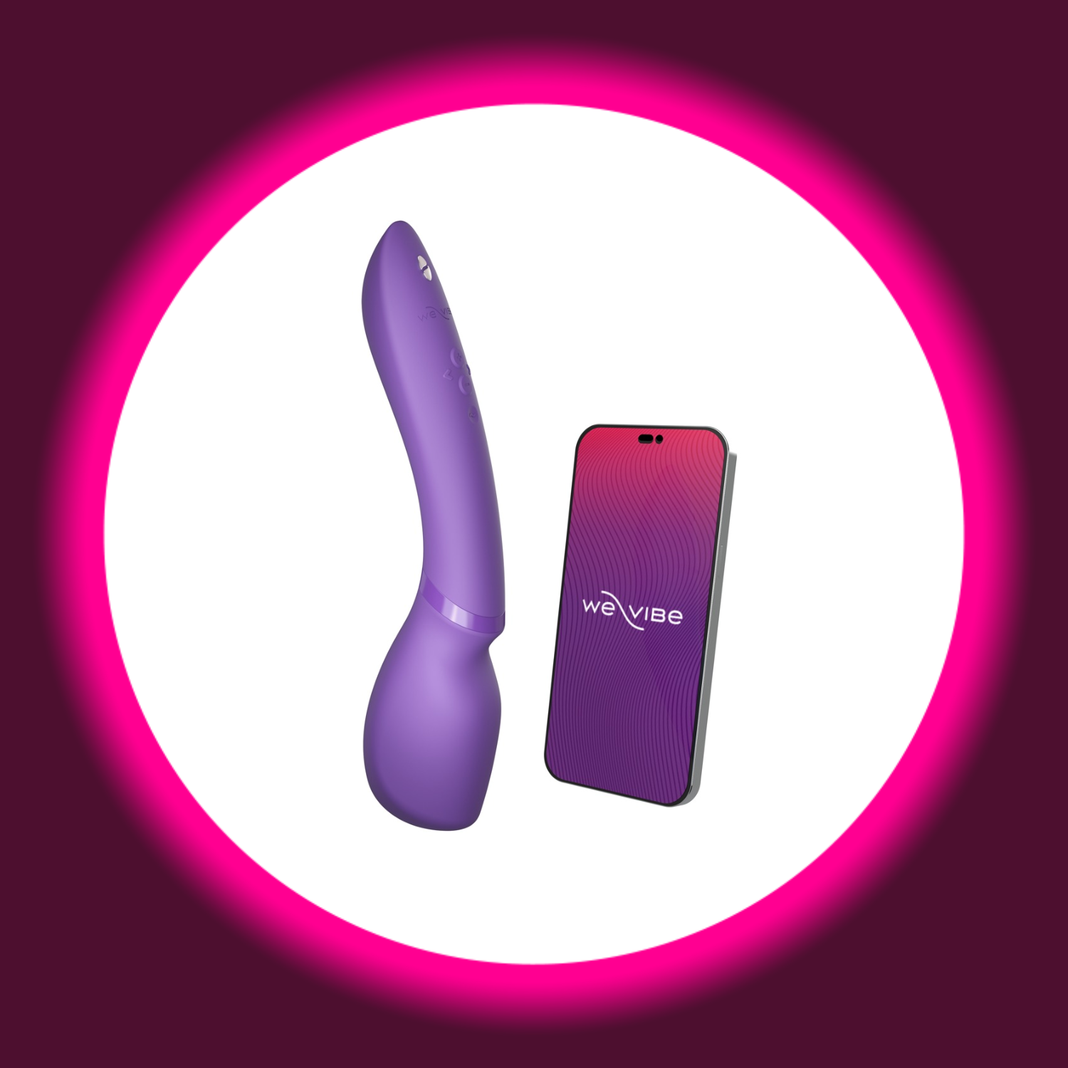 violetter Wand Vibrator von We Vibe und Smartphone auf weißem Untergrund