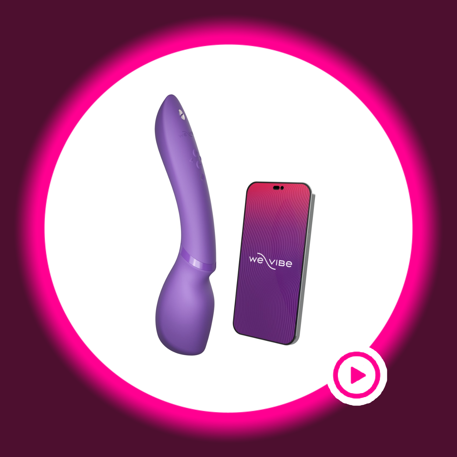 violetter Wand Vibrator von We Vibe und Smartphone auf weißem Untergrund
