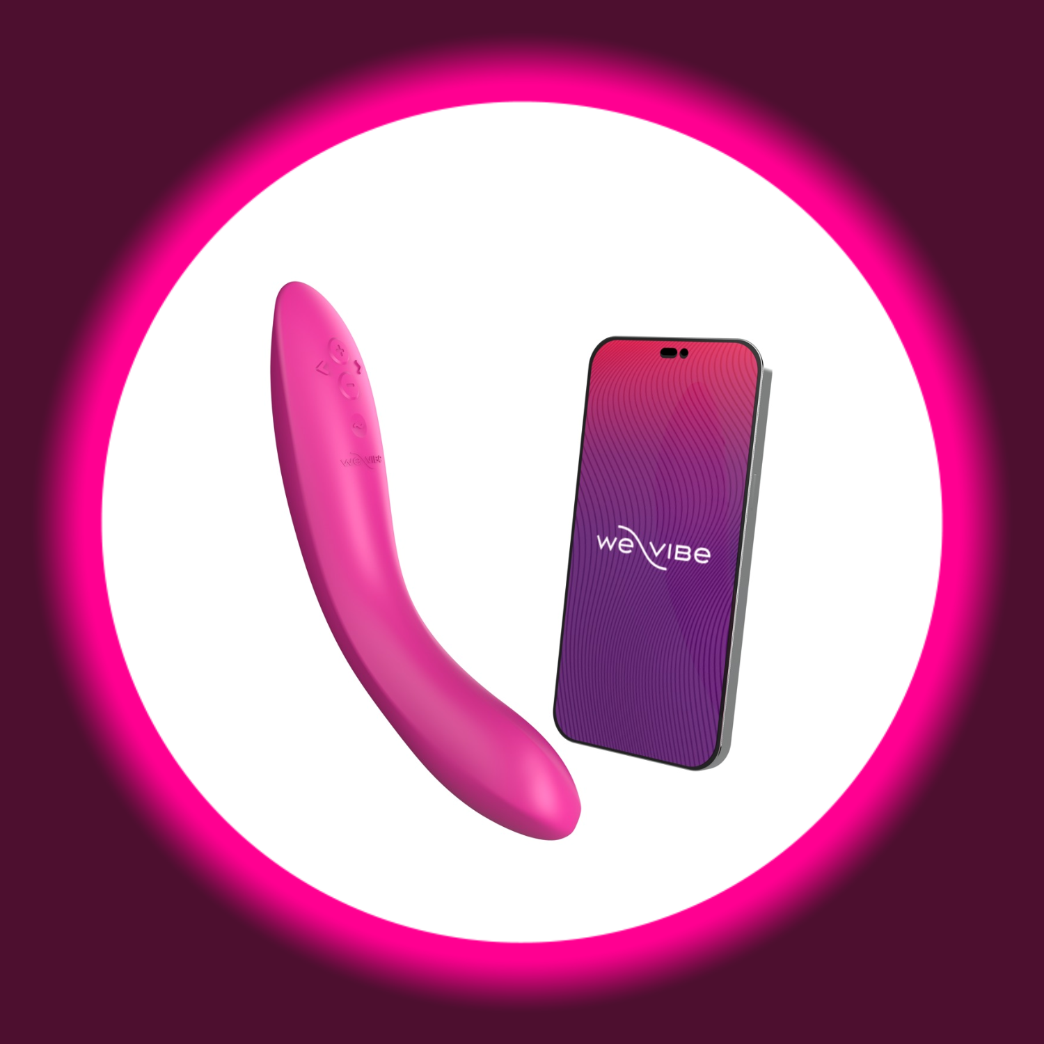 pinker appgesteuerter G-Punkt Vibrator Rave 2 von We Vibe mit daneben liegendem Smartphone