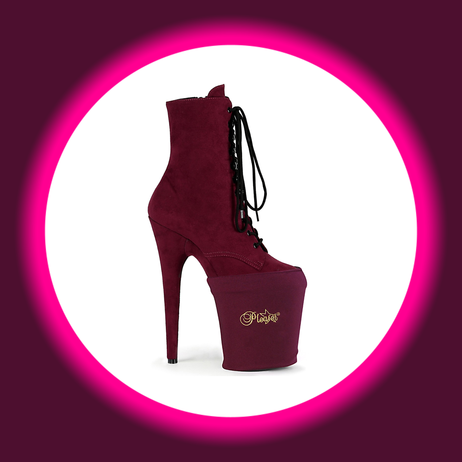 weinrote Stiefelette mit weinrotem High-Heel-Schoner von Pleaser