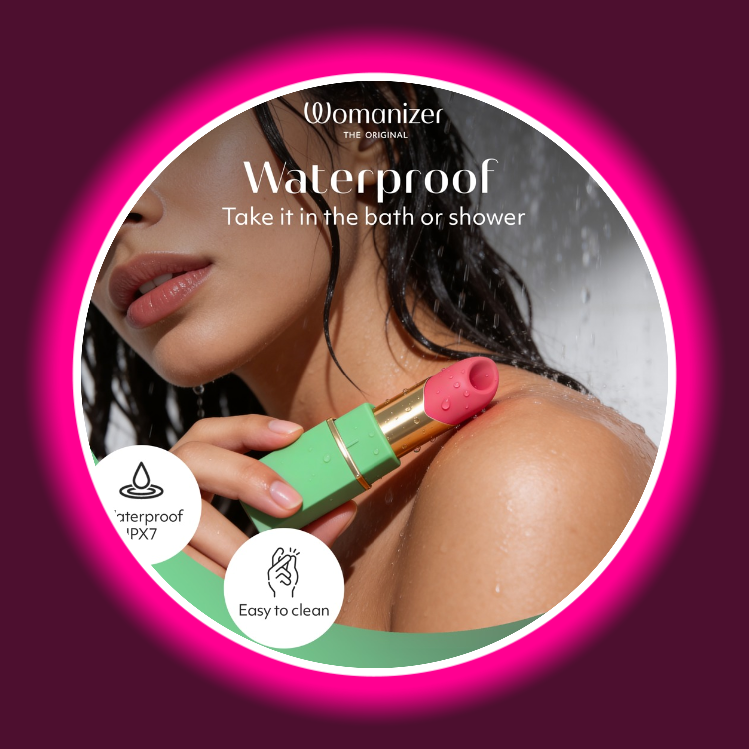 Womanizer Beauty Klitoris-Stimulator unter der Dusche in der Hand gehalten – wasserdicht IPX7, leicht zu reinigen, geeignet für Bad und Dusche