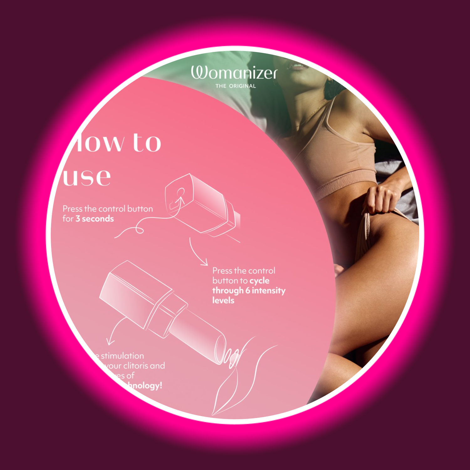 Womanizer Beauty Anleitung – Einschalten per 3-Sekunden-Druck, 6 Intensitätsstufen per Knopfdruck wechseln, Klitoris-Stimulation mit Pleasure Air Technologie