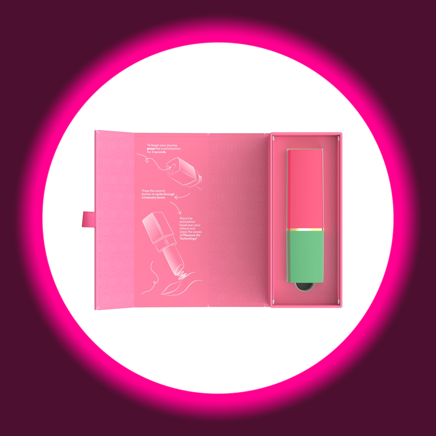 aufgeklappte Produktverpackung Pulsator Beauty von Womanizer in pink grün