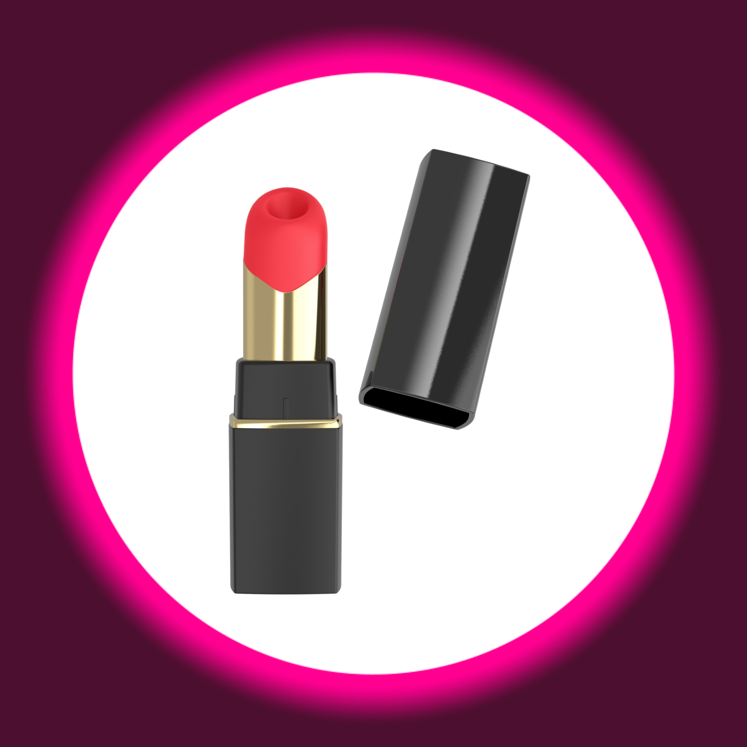Frontansicht schwarzer Pulsator Beauty von Womanizer mit rotem Aufsatz und Travel Cap