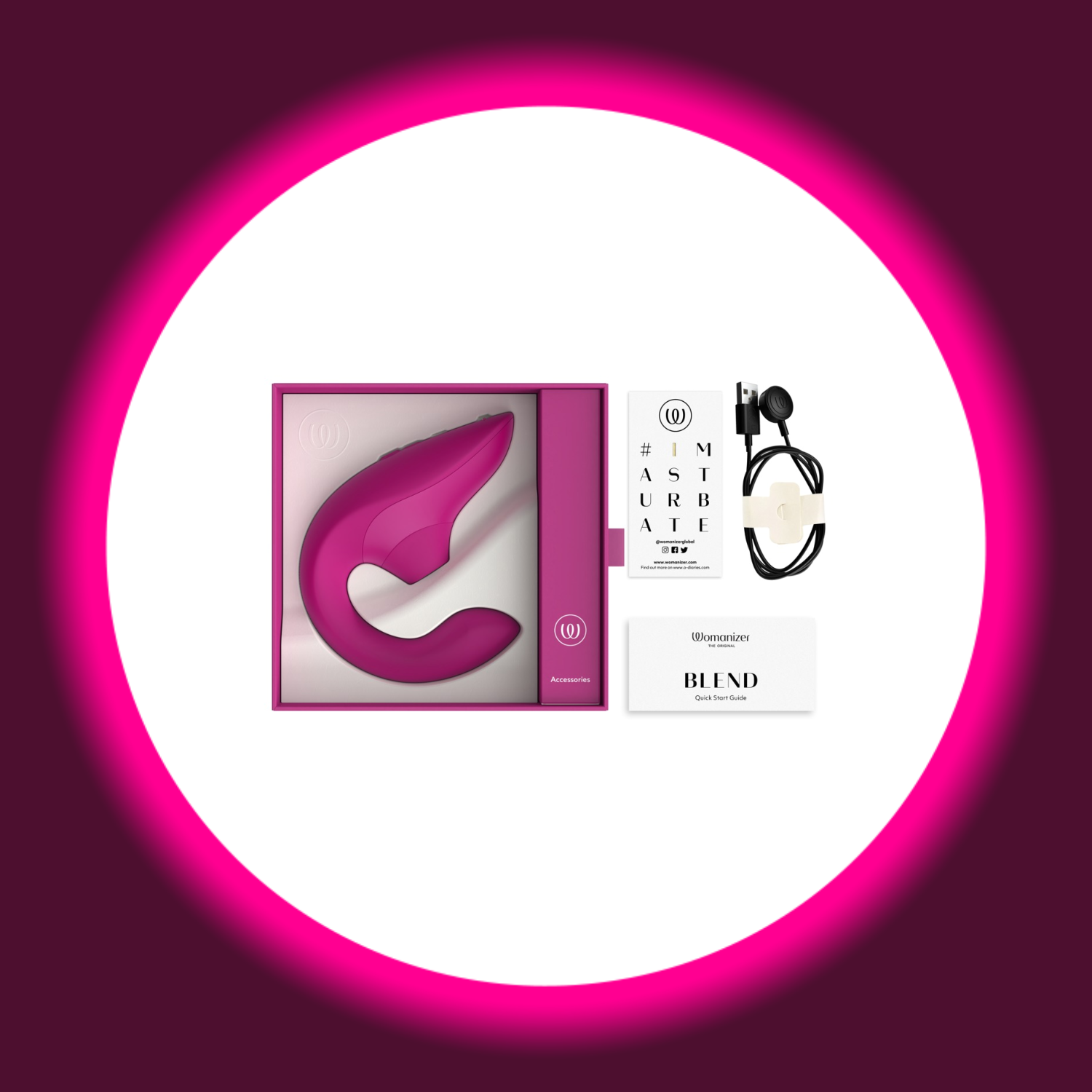 offene Produktverpackung des Womanizer Blend, daneben liegend USB-Ladekabel und Bedienungsanleitung