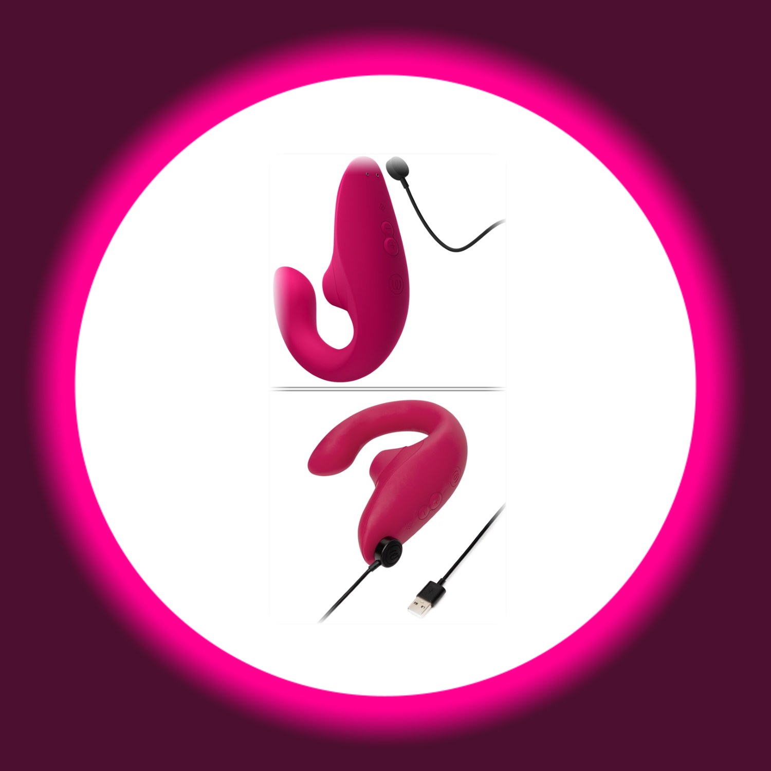 zwei pinke Pulsatoren Womanizer Blend übereinander mit angeschlossenen USB-Ladekabeln