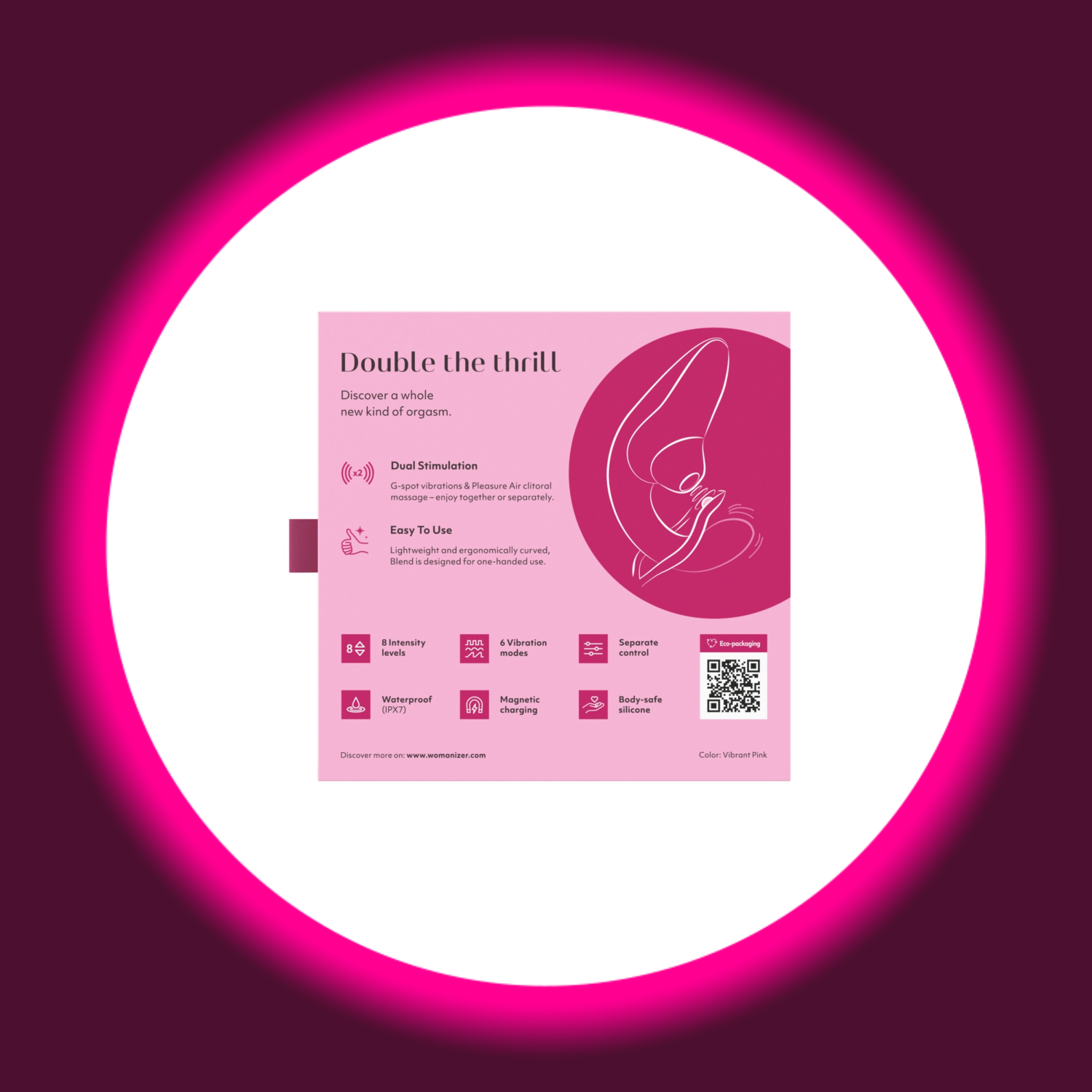 Rückseite der Produktverpackung des Pulsators Womanizer Blend mit Beschreibung