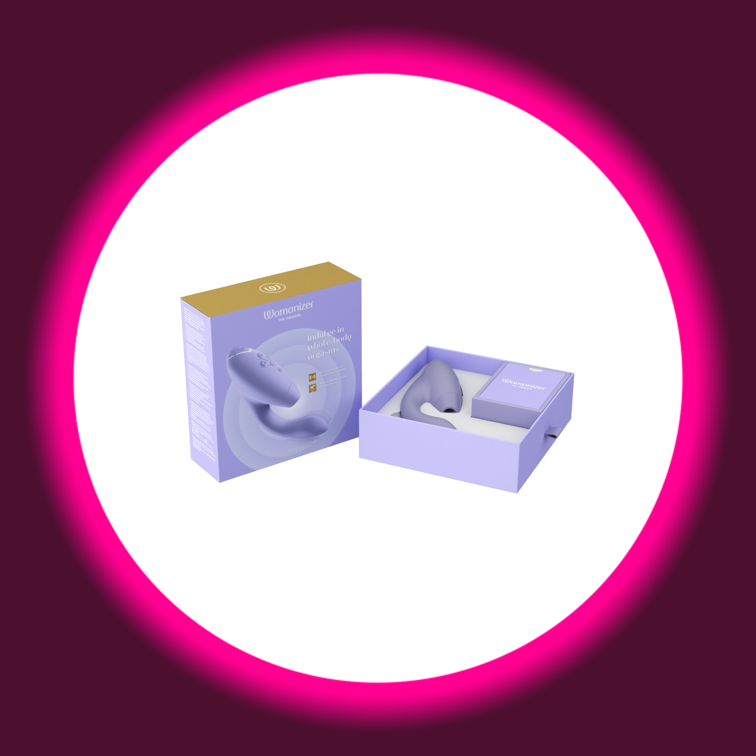 geöffnete Produktverpackung violetter Pulsator mit Stimulationskopf und Vibroarm Womanizer Duo 2
